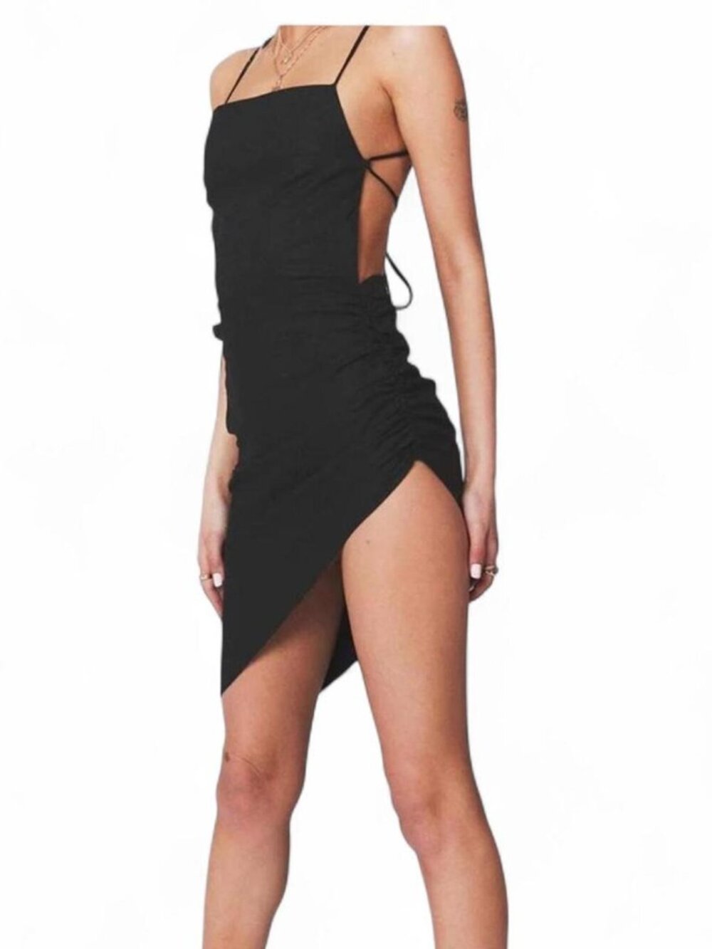 Black asymmetrical high low mini dress with criss-cross straps,    size L